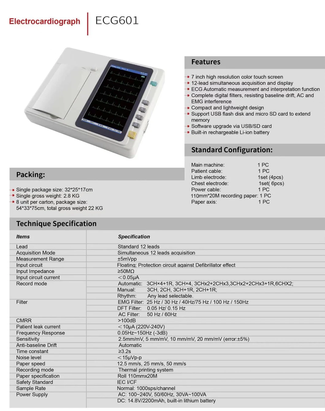 Hospital Medical Digital Electrocardiogram ECG Machine 3 Channel 12 Lead ECG EKG Machine for Sale